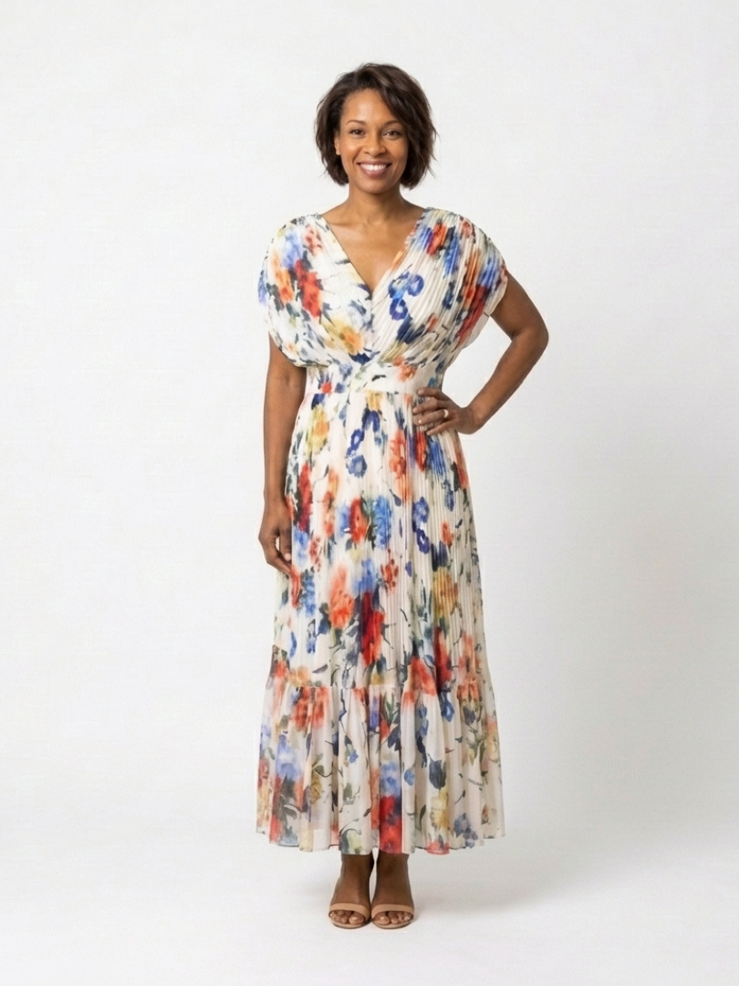 Savannah | Robe midi florale à manches courtes et plissée