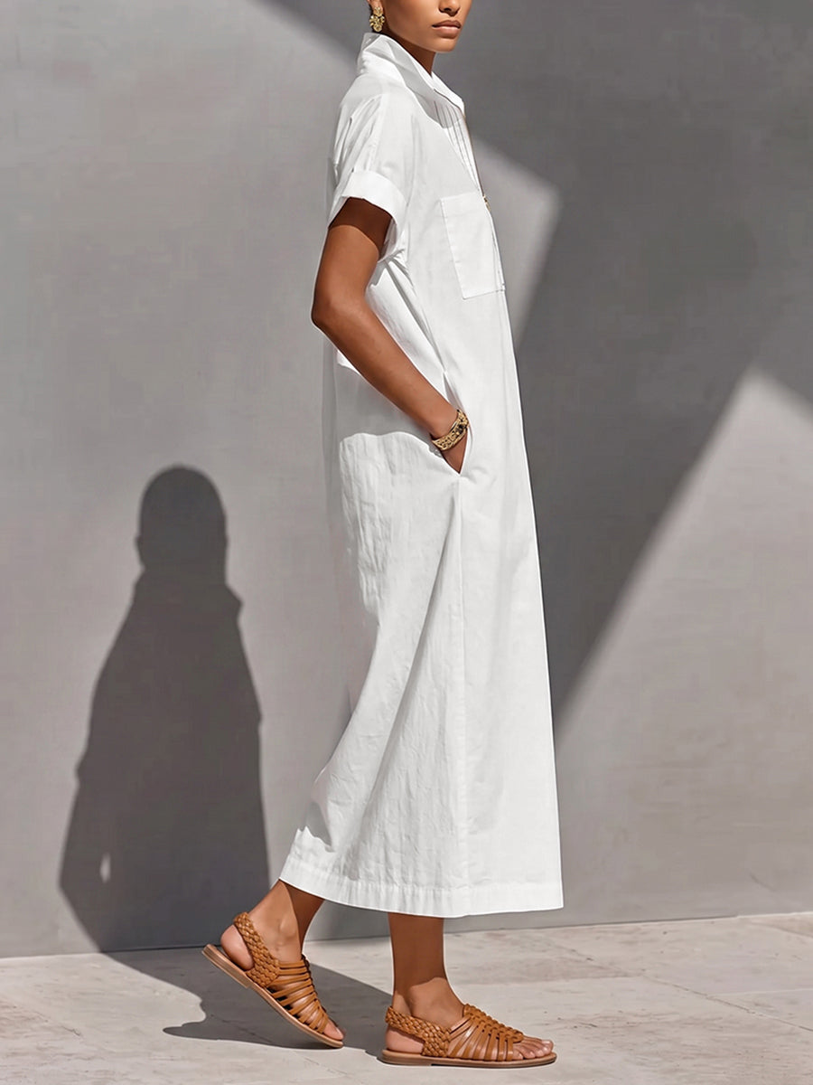 Robe longue à fermeture éclair, à poches, sans manches, taille haute, à col en V, couleur unie