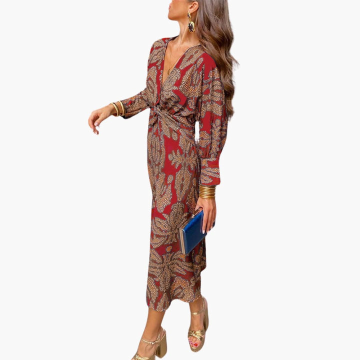 Robe midi pour femmes - Motif floral, manches longues & décolleté en V