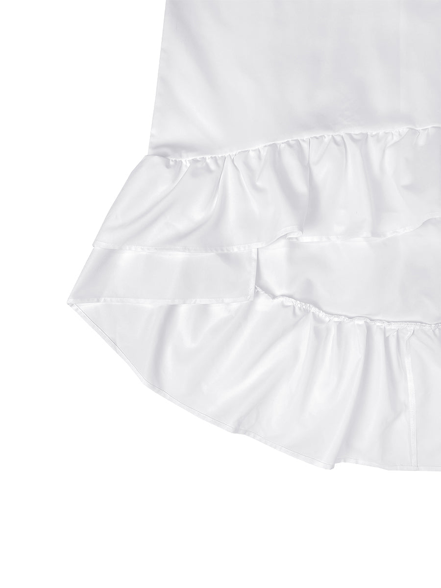 Robe courte ample plissée volantée à ourlet plongeant, à décolleté en V profond, couleur unie