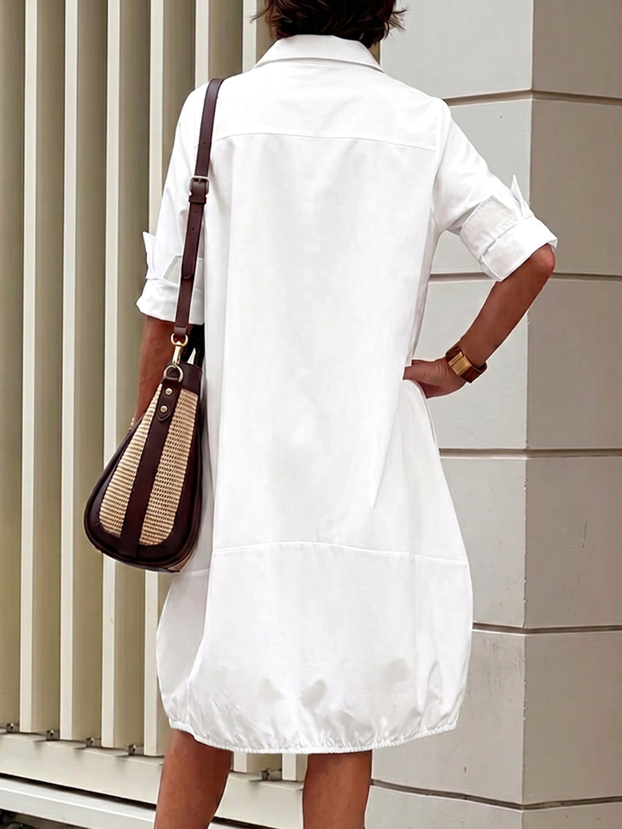 Robe mi-longue ample boutonnée imprimée à manches longues, à poches, à col revers