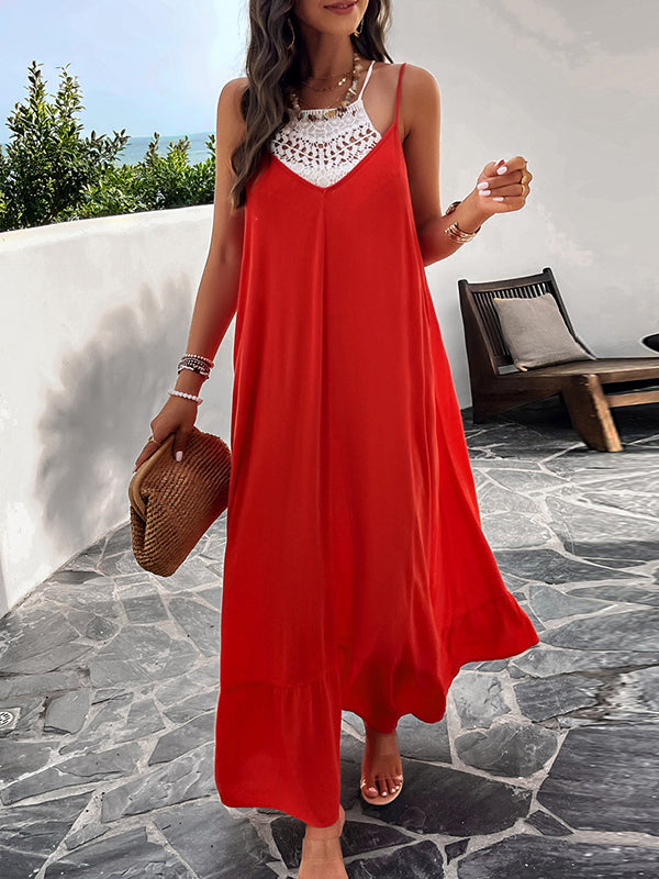 Robe longue ample plissée sans manches, à empiècements, à fines bretelles, couleur unie