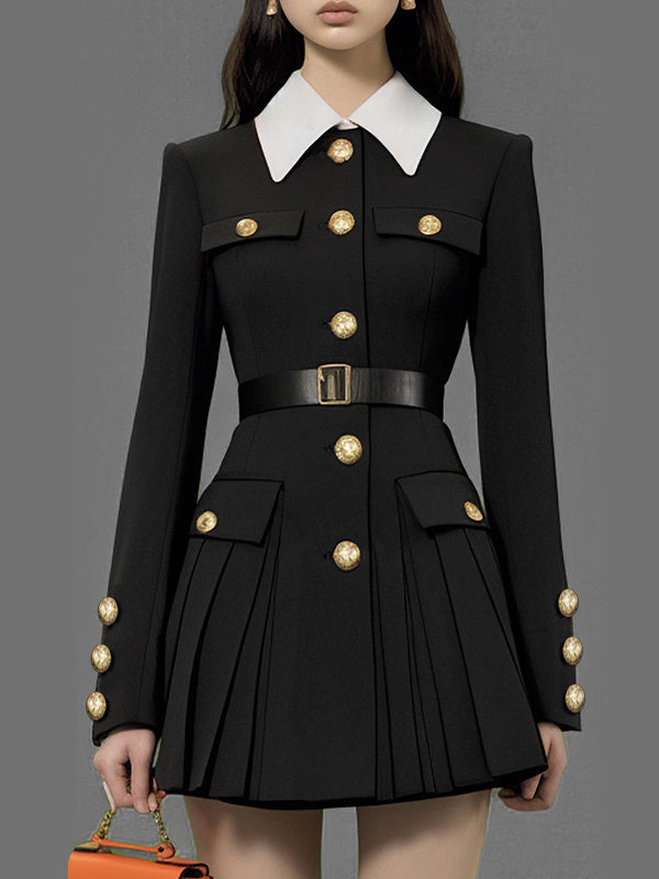 Robe chemise boutonnée plissée à taille élastique, à manches longues, avec ceinture, à boutonnage simple, à col revers, couleur contrastée