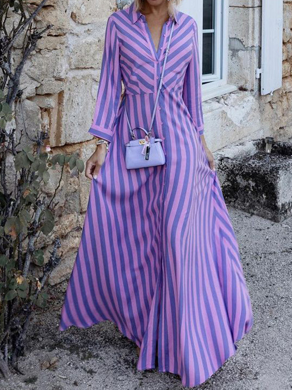 Robe longue élégante rayée à manches longues, à col revers