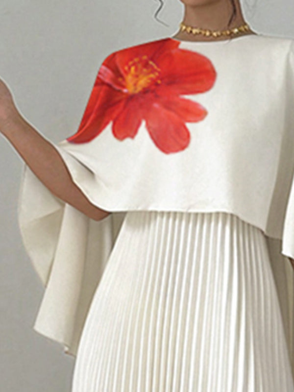 Robe de soirée longue ample plissée style cape, à imprimé floral, à empiècements, à col rond