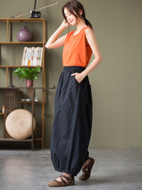 Knickerbockers à jambes larges et amples en lin, couleur unie, cordon de serrage plissé