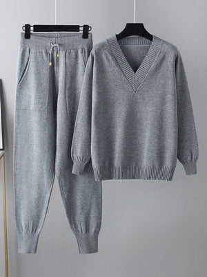 Ensemble deux pièces décontracté ample à col en V, couleur unie – sarouel + pull + pantalon