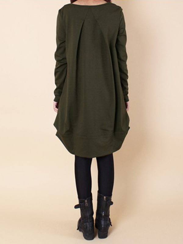 Robe longue plissée coupe trapèze, à manches longues, à col rond, couleur unie