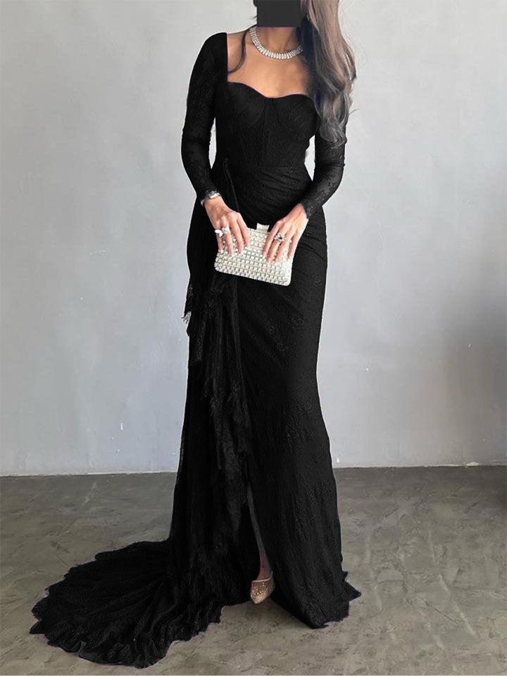 Robe de soirée longue transparente fendue sur le côté à manches longues, coupe sirène, en résille, à col carré