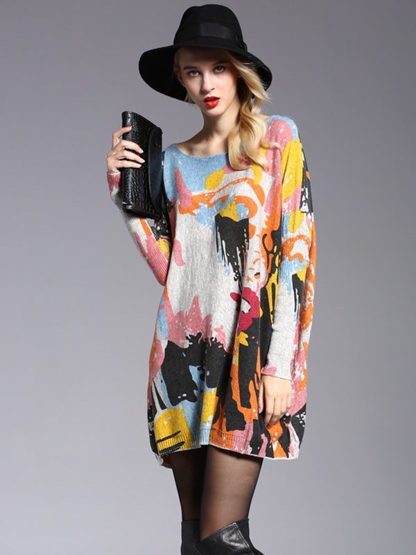 Pull vintage imprimé en laine mélangée de couleur contrastée