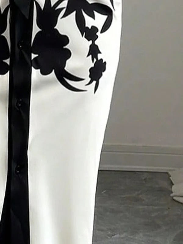 Robe mi-longue imprimée à manches mi-longues, à imprimé floral, à taille nouée, à col en V