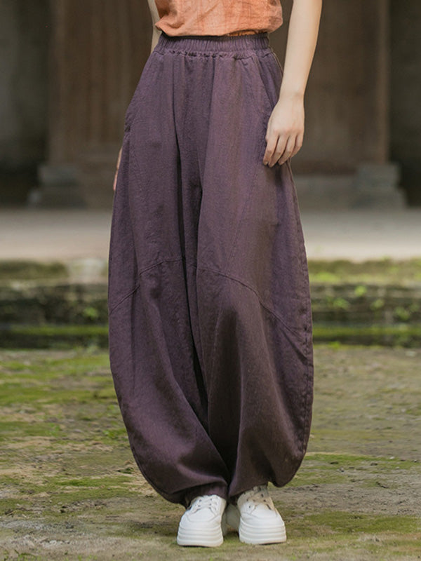 Pantalon ample à taille élastique, à poches, à empiècements, couleur unie