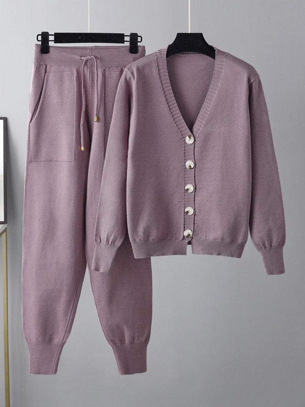 Ensemble deux pièces décontracté ample à col en V, couleur unie – cardigan + sarouel