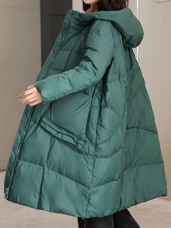 Manteau en duvet à capuche à manches longues et poches amples de couleur unie