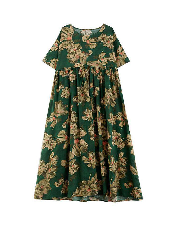 Robe mi-longue ample plissée à manches mi-longues, à imprimé floral, à poches, à col rond