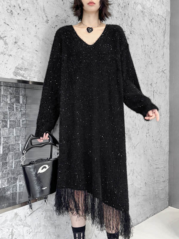 Robe pull brillante à coupe irrégulière, à manches longues, à sequins, à empiècements, à pompons, à col en V, couleur contrastée