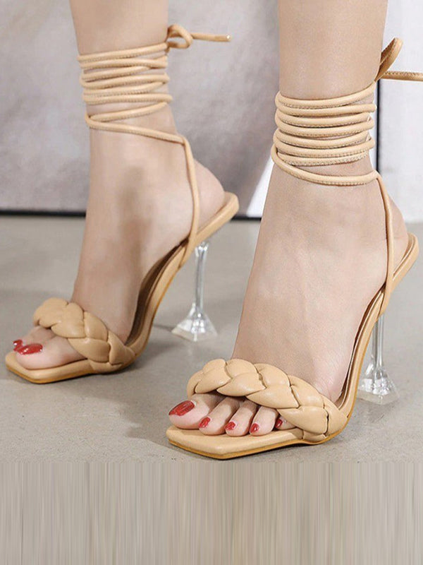 Sandales à talons à lacets, à bout ouvert, à empiècements, à bout carré