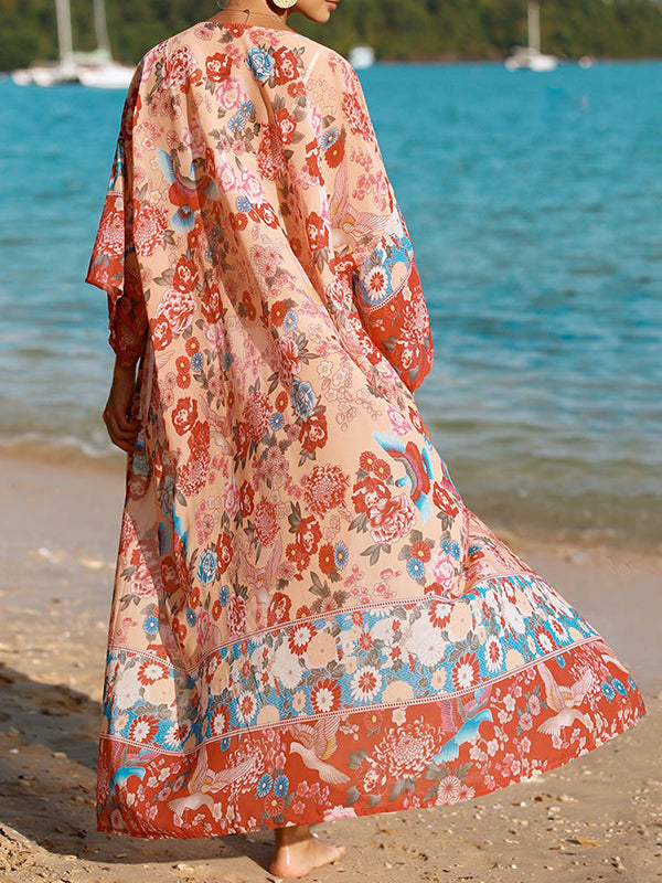 Kimono ample à manches longues, à imprimé floral, anti-UV, sans col