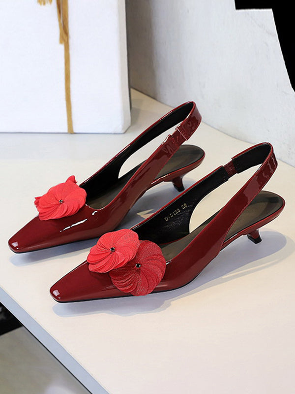 Escarpins à bride arrière à taille élastique, en forme de fleur, à bout pointu, à empiècements