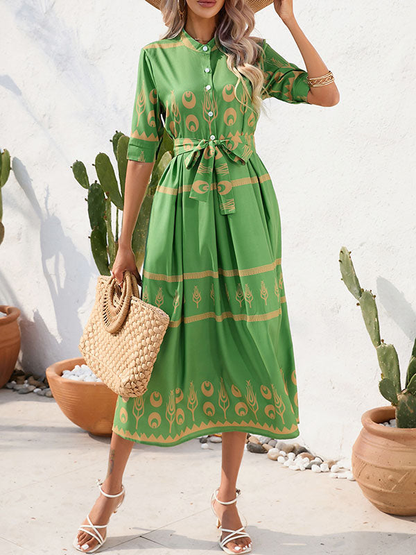 Robe mi-longue boutonnée coupe trapèze, à manches mi-longues, à taille nouée, à col revers