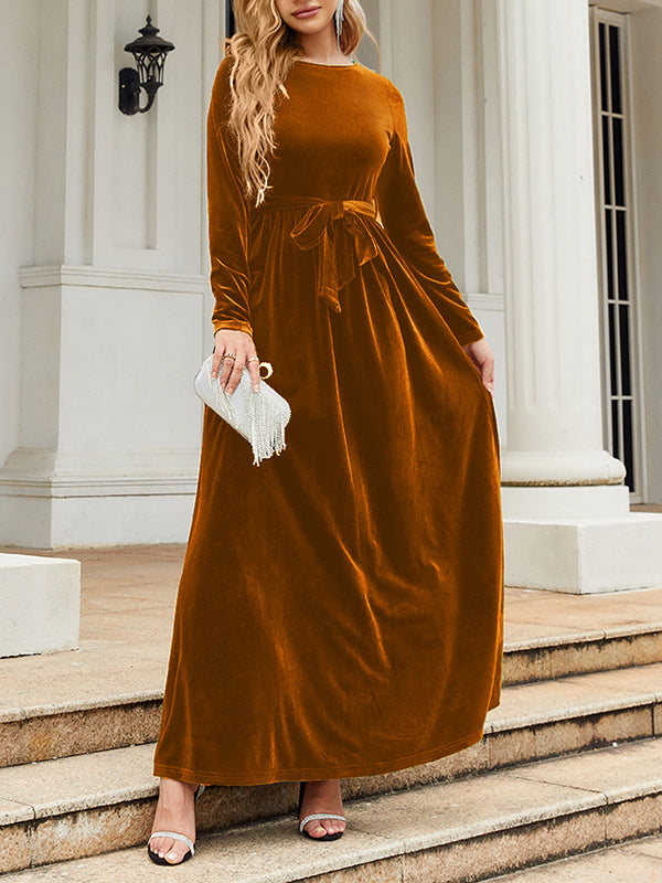 Robe longue plissée à manches longues, coupe portefeuille, avec ceinture, à fermeture éclair, à col rond, couleur unie
