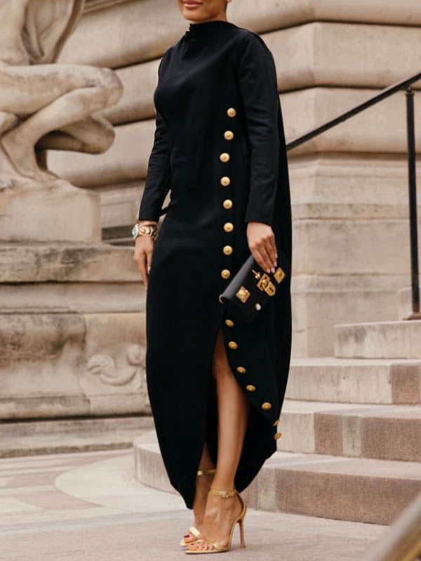 Robe longue ample asymétrique boutonnée fendue sur le côté à manches longues, à empiècements, à col cheminée