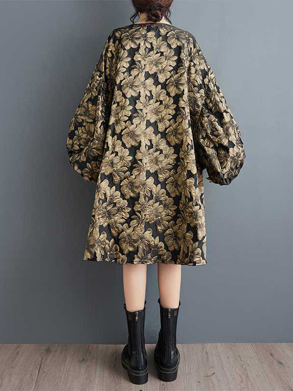 Robe mi-longue coupe trapèze, à ourlet plongeant, à taille élastique, à imprimé floral, en jacquard, à col rond