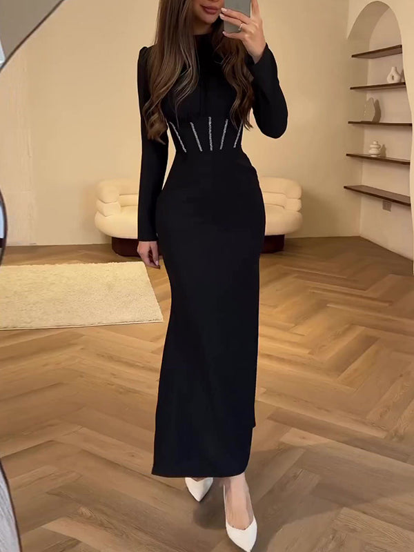 Robe longue moulante plissée nouée à manches longues, à fermeture éclair, à col cheminée, couleur unie
