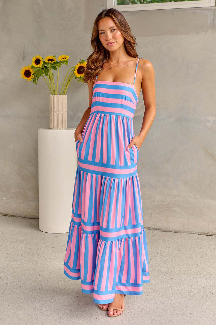 Dalia - Robe maxi rayée rose et bleue