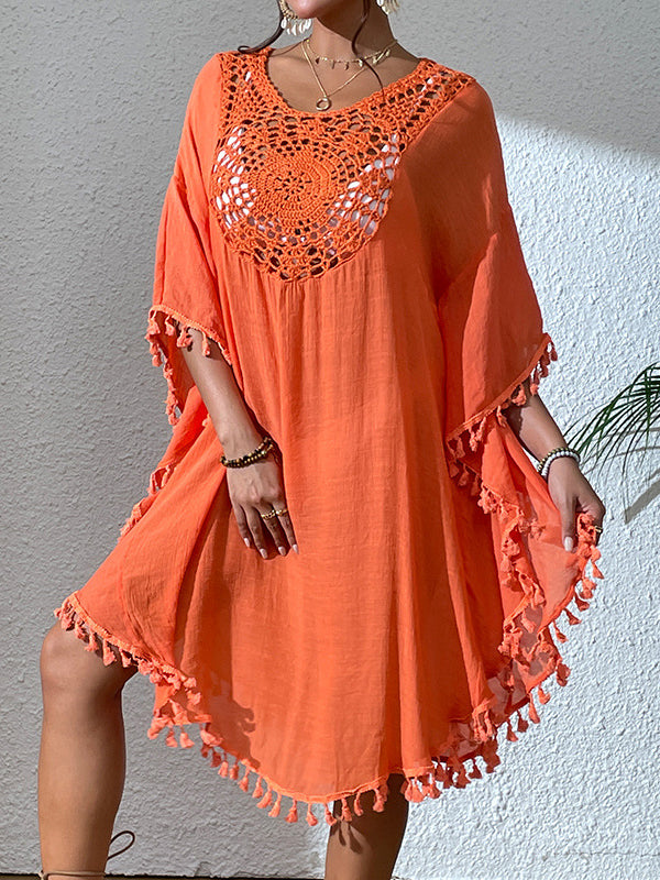 Robe mi-longue ample ajourée à manches chauve-souris, anti-UV, à pompons, à col rond, couleur unie