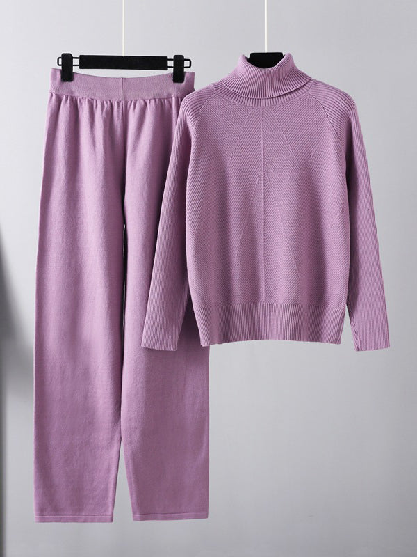 Pull urbain à manches longues, ample, uni, demi-col roulé, hauts & pantalons à jambes larges, ensemble deux pièces