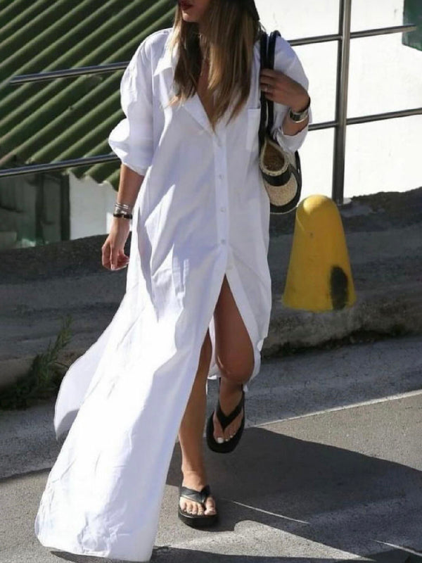 Robe chemise longue à manches longues, ample, boutonnée, couleur unie, revers fendu sur le côté