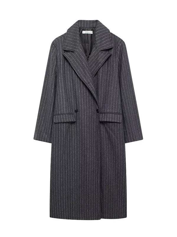 Manteau en laine ample rayé à manches longues, à empiècements, à col revers