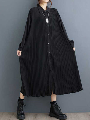 Robe chemise boutonnée plissée coupe trapèze, à manches longues, à poches, à empiècements, à col revers