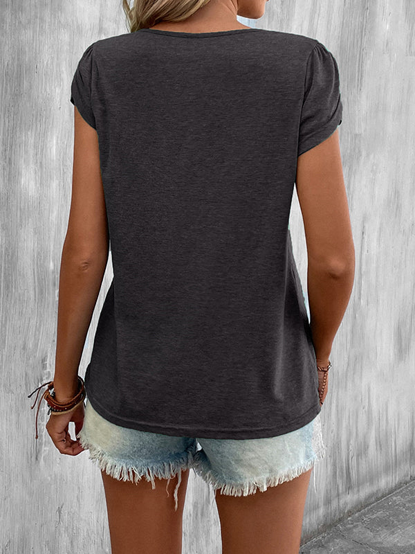 T-shirt ample à manches courtes, à col en V, couleur unie