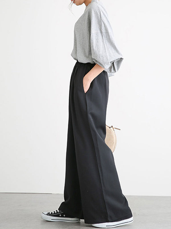 Pantalon taille haute à jambes larges, élastique, couleur unie, à empiècements, large côté