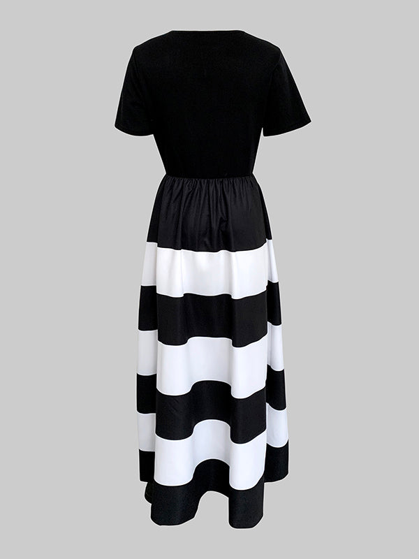 Robe longue plissée coupe trapèze, taille haute, à poches, à col rond, couleur contrastée