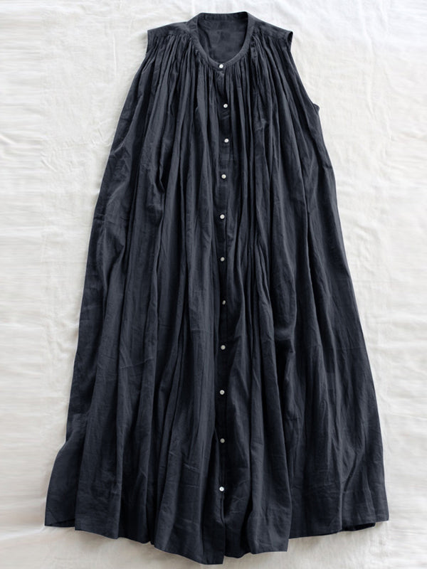 Robe mi-longue ample plissée transparente sans manches, à col rond