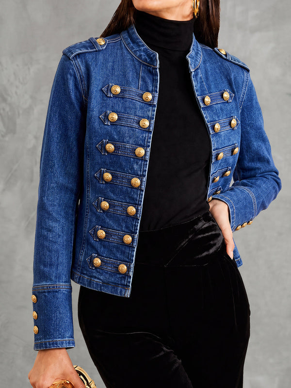 Veste boutonnée ample à empiècements, à manches longues, à col cheminée, couleur unie