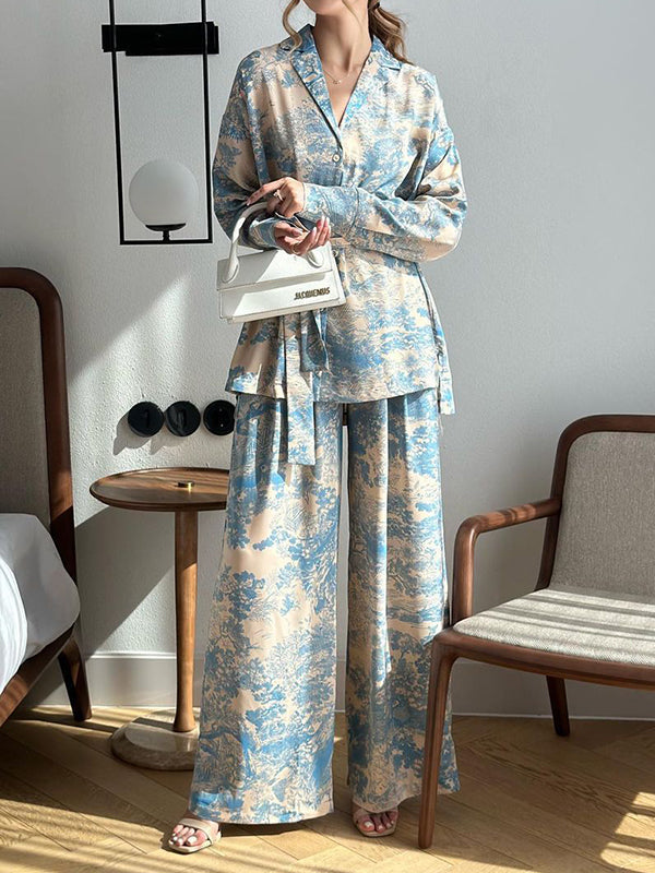 Ensemble deux pièces boutonné imprimé à manches longues, à taille nouée, à col cranté, taille haute – chemise + haut + pantalon