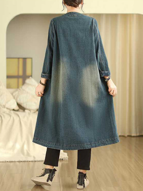 Trapèze Manches Longues Poches Boutonnées Col Rond Robes mi-longues Vêtements d'Extérieur