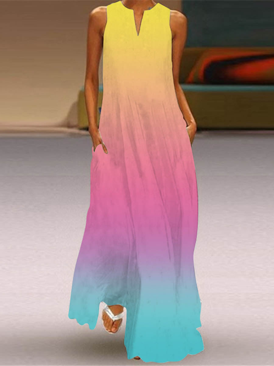 Robe longue ample imprimée coupe trapèze, à poches, à empiècements, à col en V, couleur contrastée