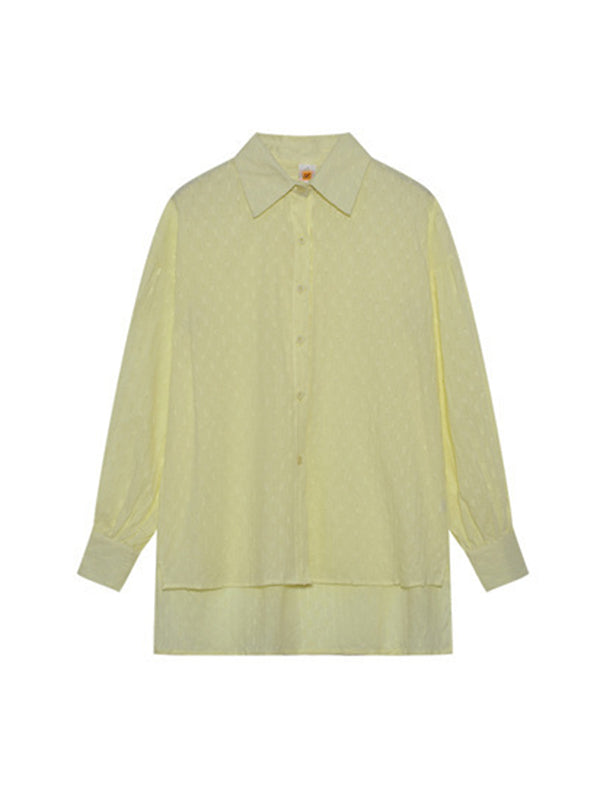 Ensemble deux pièces boutonné à ourlet plongeant, à manches longues, en jacquard, à col revers, couleur unie – chemise + haut + short