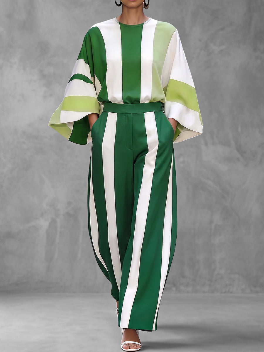 Pantalon rayé ample à poches, à taille élastique, à jambes larges, couleur contrastée