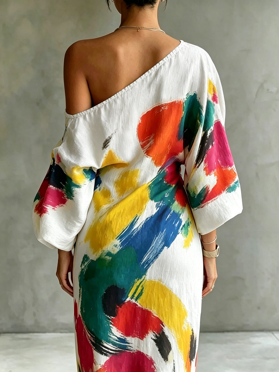Robe longue ample asymétrique imprimée à manches longues, à poches, asymétrique à une épaule, couleur contrastée