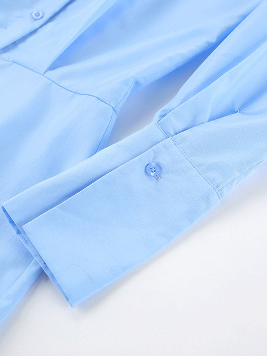 Robes courtes chemise à manches longues, ample, boutonnée, couleur unie, joint torsadé, revers torsadé