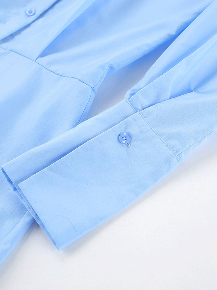 Robes courtes chemise à manches longues, ample, boutonnée, couleur unie, joint torsadé, revers torsadé