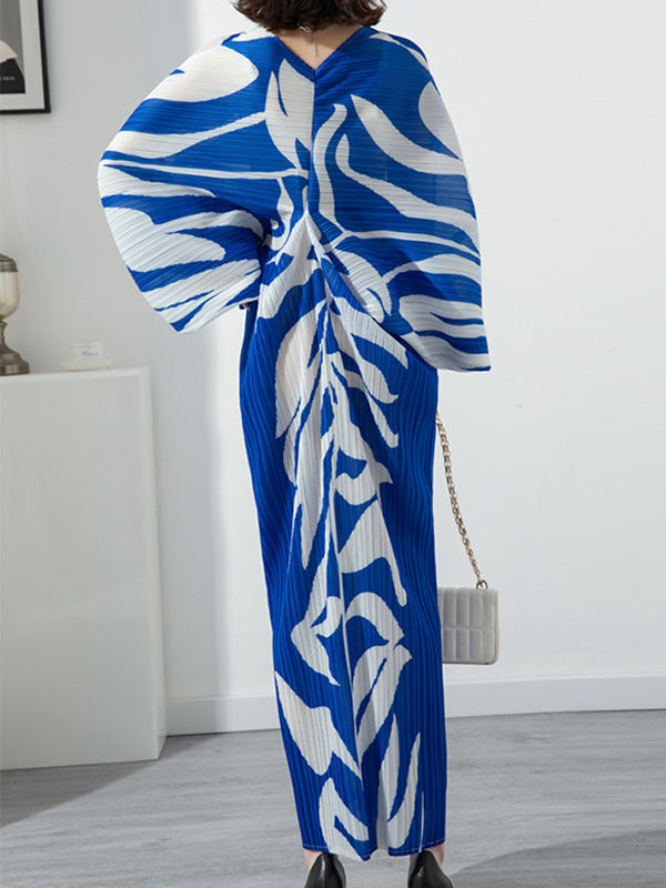 Robe mi-longue imprimée plissée à manches chauve-souris, à manches longues, à col en V, couleur contrastée
