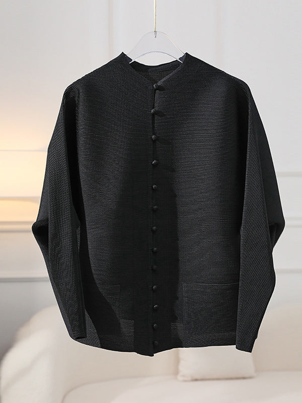 Veste ample boutonnée plissée à manches longues, à poches, à col rond, couleur unie