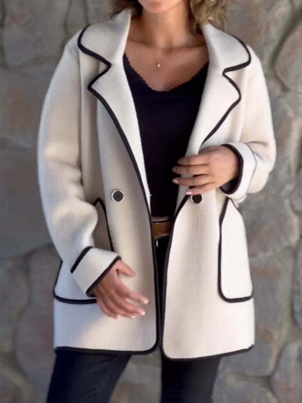 Manteau en laine ample boutonné à manches longues, à poches, à empiècements, à col cranté